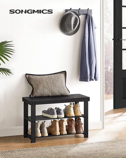 Shoe Rack Bench, 3-Tier Bamboo Shoe Storage Organizer, Entryway Bench, Holds up to 286 Lb, 11.3 X 27.6 X 17.8 Inches, for Entryway Bathroom Bedroom, Ink Black ULBS04H
