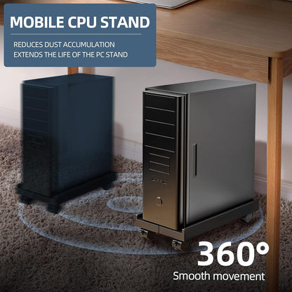 Adjustable Mobile CPU Stand, Ventilated Computer Tower Stand with 4 Caster Wheels Fits Most PC Tower, under Desk CPU Holder PC Floor Cart Computer Riser for Students and Gamers (Black)
