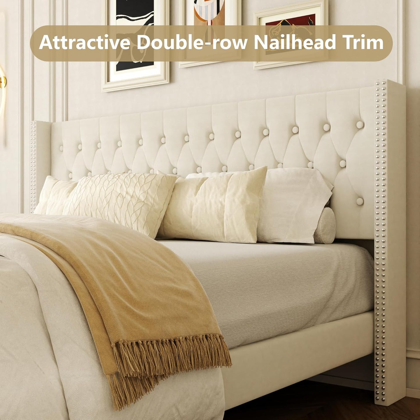 King Size Bed Frame, Upholstered Platform Bed with Wingback Headboard, Velvet Button Tufted, Easy Assembly, No Box Spring Needed, Beige