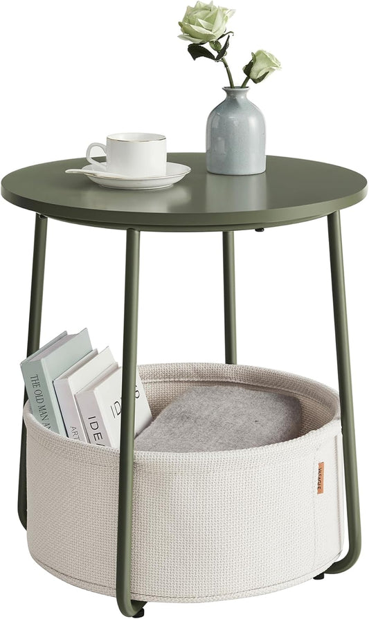 Small round Side End Table, Modern Nightstand with Fabric Basket, Forest Green and Cream White ULET223C80