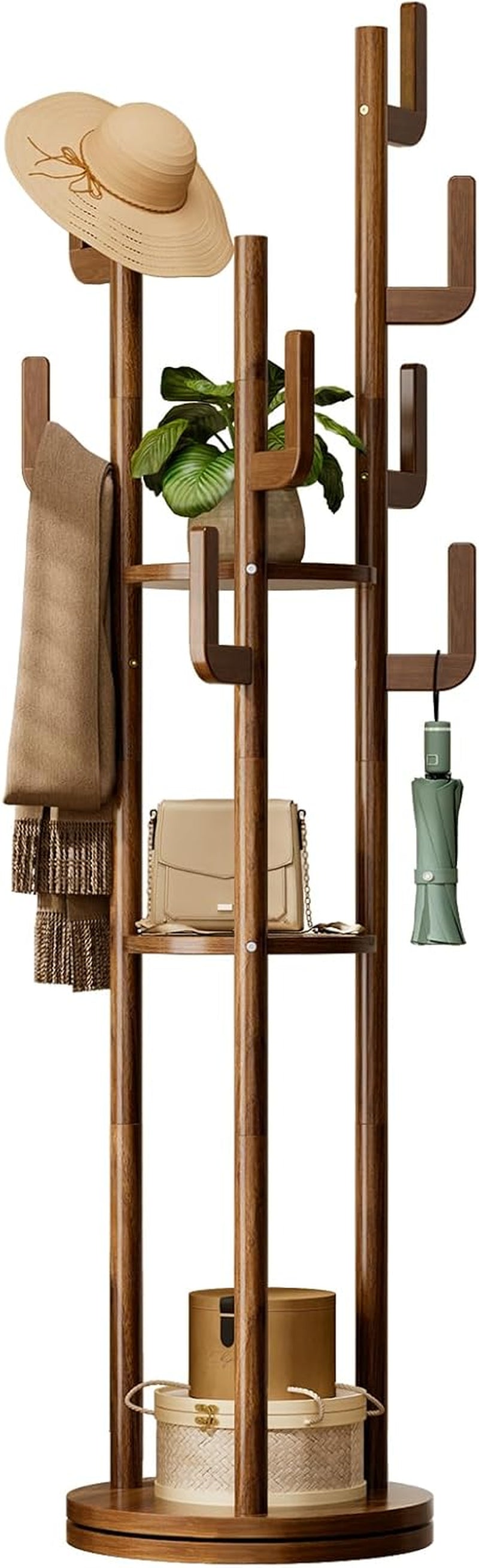 Rotary Coat Rack Freestanding - Solid Wood Coat Tree with 9 Hooks & 3 Storage Shelves for Purse, Bag, Jacket, Hat, Corner Hanger Stand Racks for Hall, Entryway, Office, Modern Clothes Holder