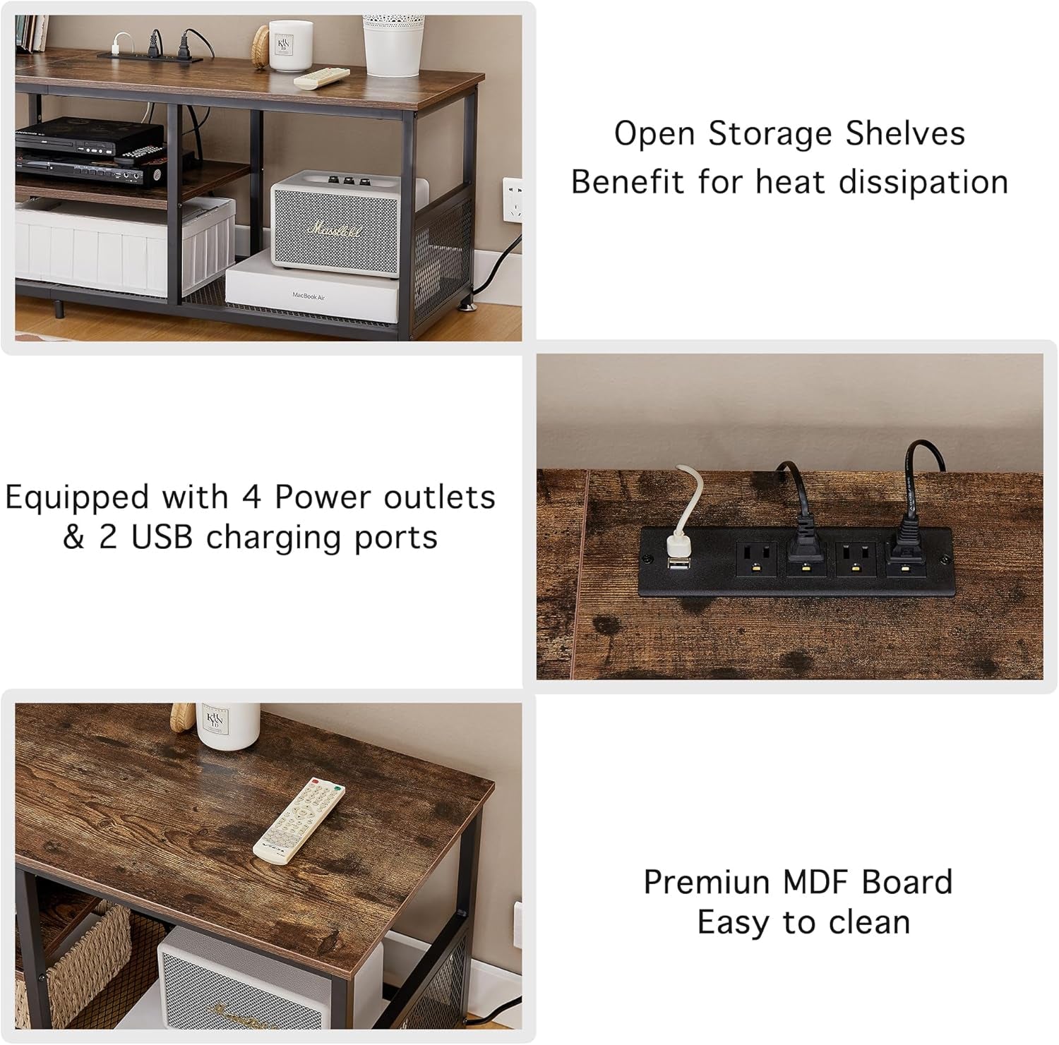 TV Stand with Power Outlets for Televisions up to 80 Inch,70" Media Entertainment Center with Charging Station 3-Tier Open Storage Shelves with Metal Frame for Living Room/Bedroom，Brown