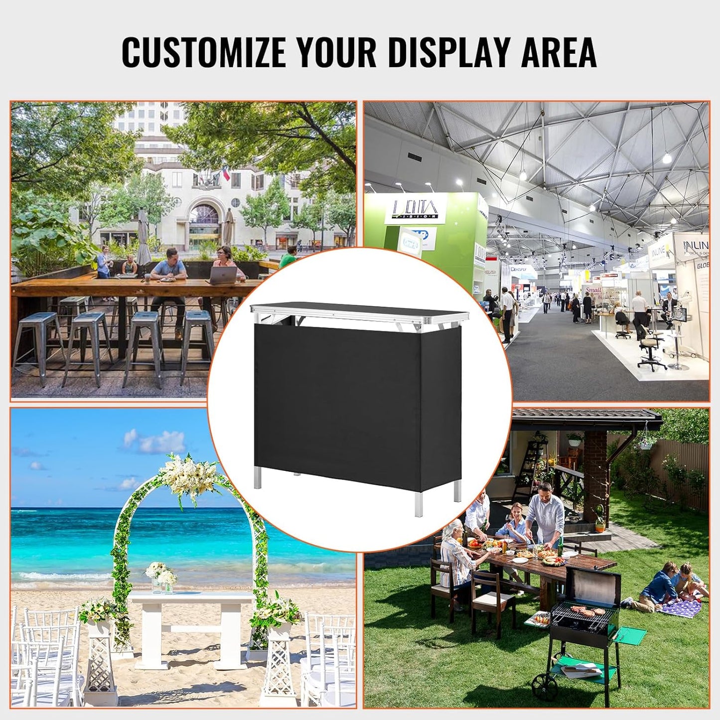 Folding Portable Bar Table, Tradeshow Podium Table for Indoor, Outdoor, Party, Picnic, Exhibition, Includes Carrying Case, Storage Shelf and Black Skirt, 38.39" X 15.16" X 34.25"