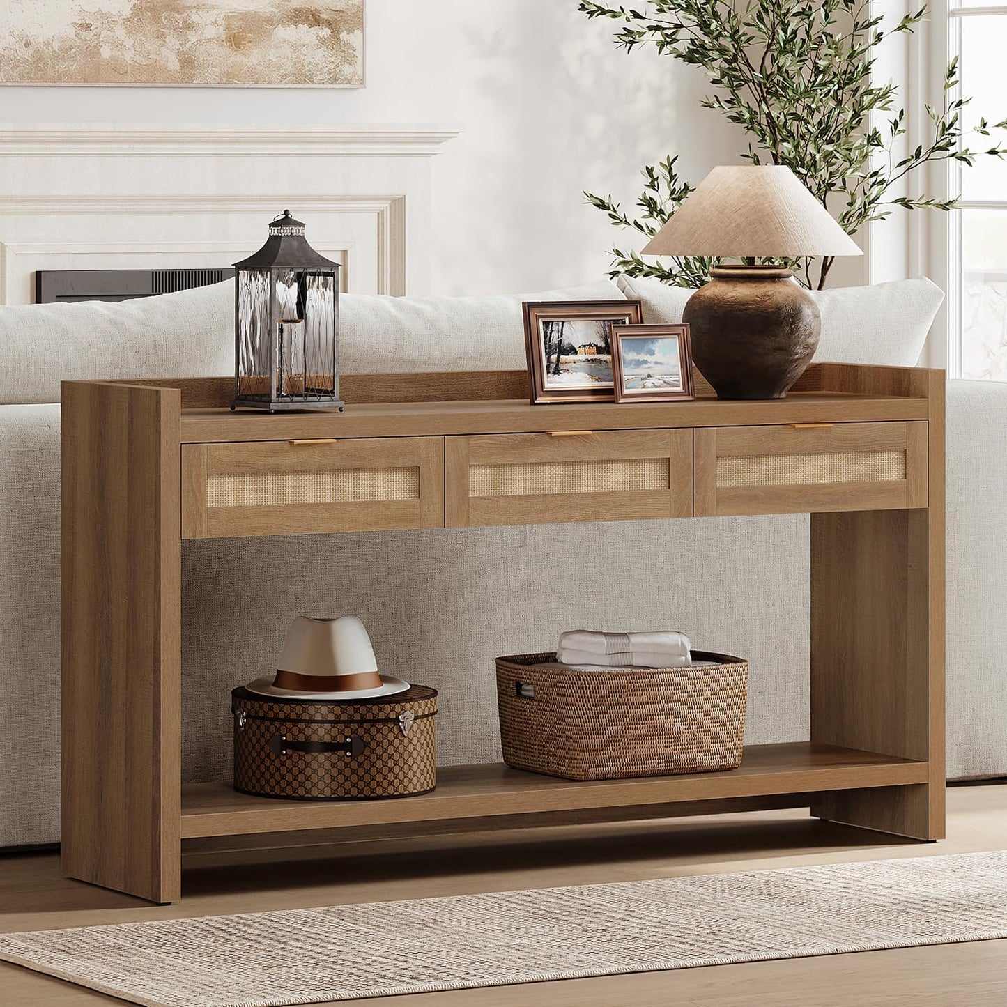 60" Rattan Console Table for Entryway - Farmhouse Entry Table Sofa Table with 3 Drawers, Narrow TV Console Table with Storage for Living Room, Hallway, Couch, Foyer