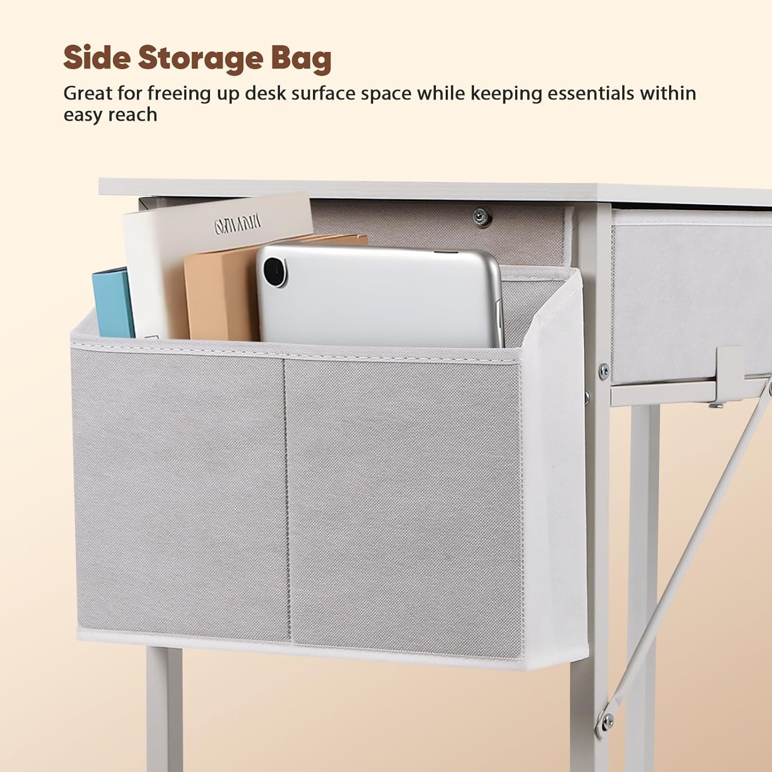 Small Computer Desk with Fabric Drawers for Small Space, 31.5 Inch Home Office Desk with Storage Bag & Metal Hanger, Sturdy Writing Desk for Students, Easy Assembly Modern Design Desk, White