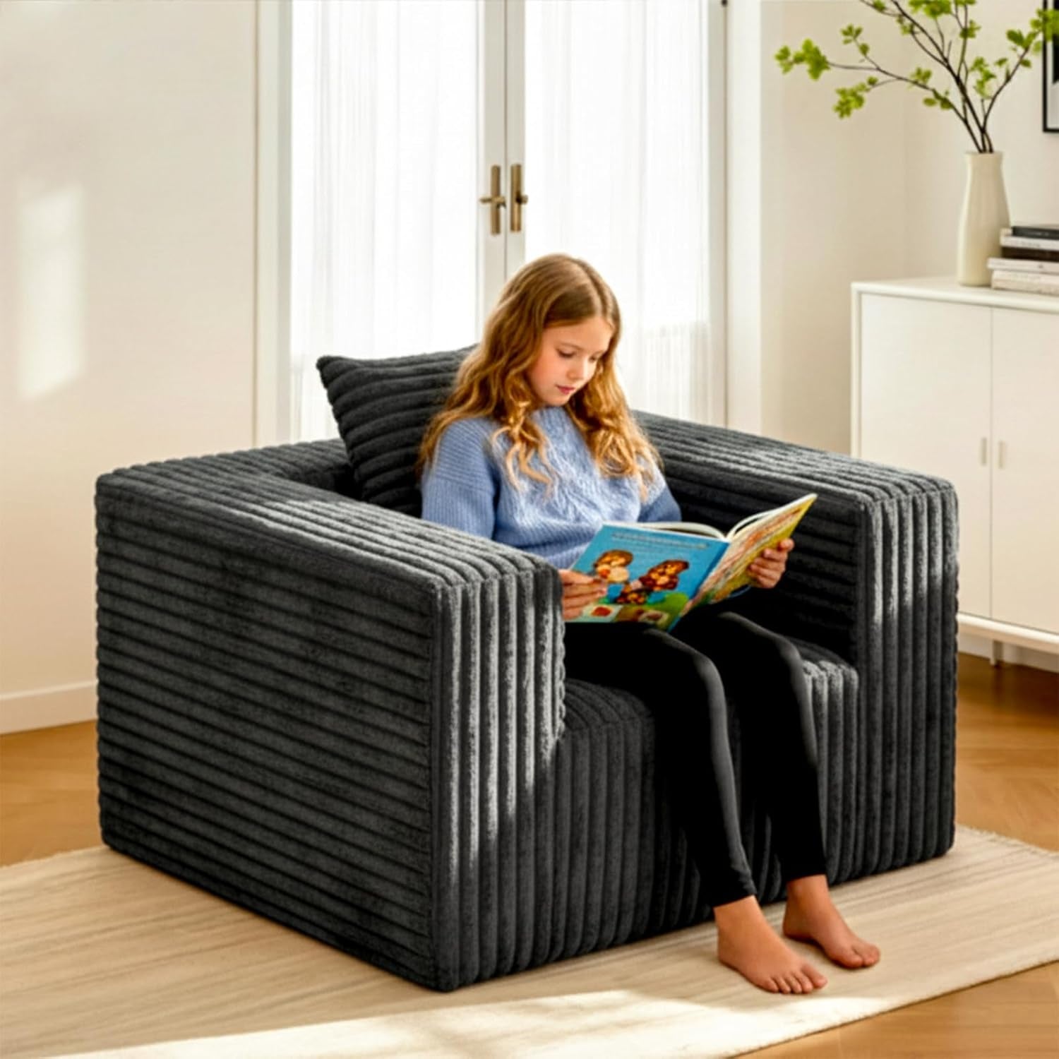 Single Cloud Sofa, Giant Bean Bag Chair with High Backrest & Wider Armrest, Foam Boneless Couch for Small Spaces, Comfy Furry Sofas with Pillows for Living Room, Bedroom, Apartment, Dorm, Office