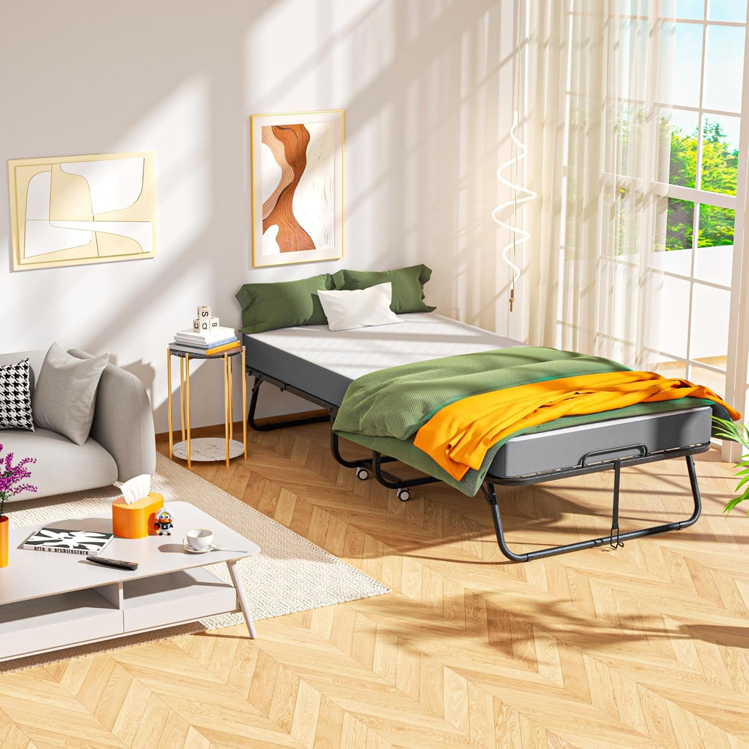 Folding Bed with Mattress, Roll Away Beds with Mattress for Adults, Single Cot Foldable Rollaway Beds, 75" X 31" Portable Bed for Easy Storage, Strong Frame for Guest Room, Small Apartment