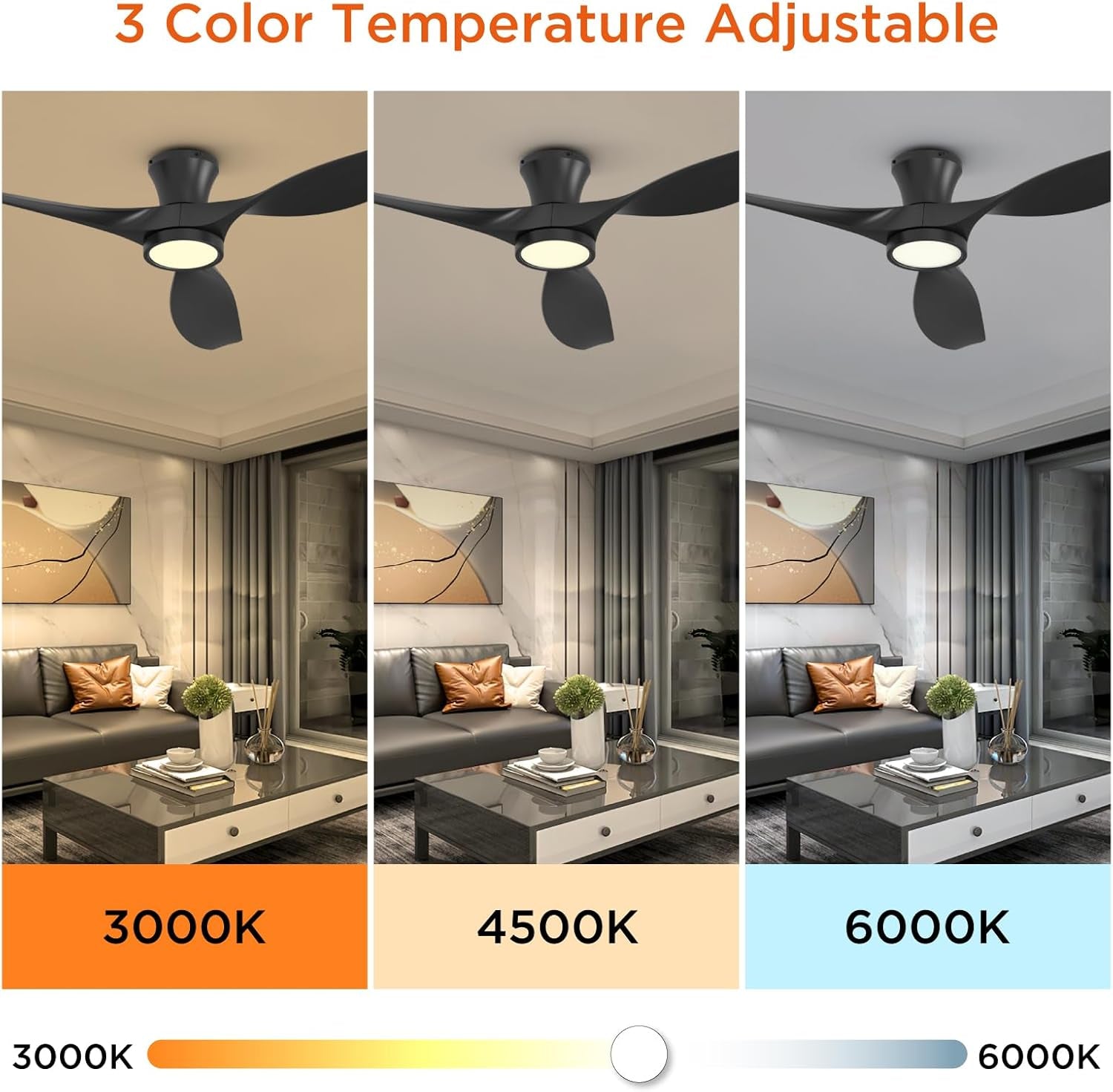 52 Inch Ceiling Fan with Led Light Remote Control Flush Mount Low Profile for Bedroom Farmhouse Patio Outdoor Living Room Kitchen Dining Room,Dc Motor,Reversible,Black