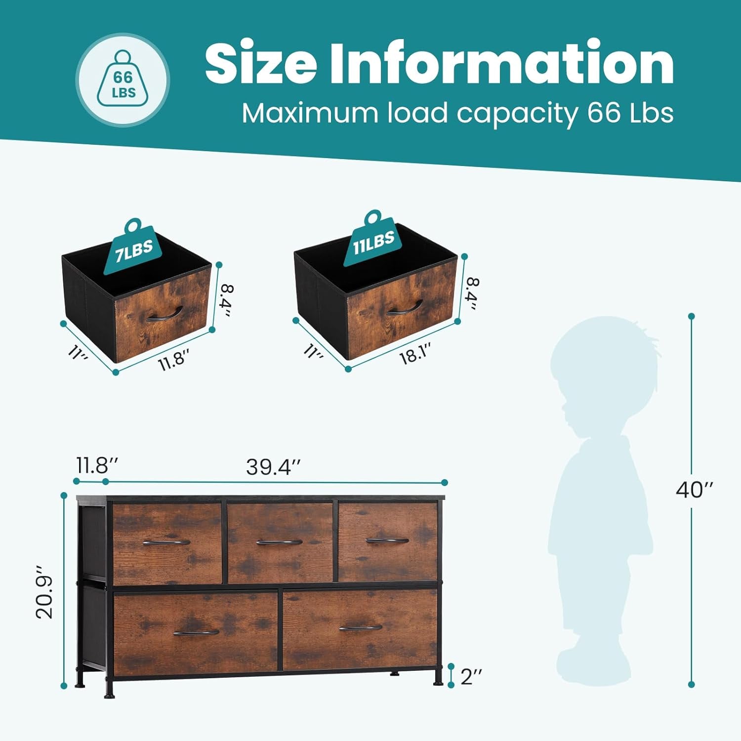 Dresser for Bedroom with 5 Drawers, Wide Chest of Drawers, Fabric Bedroom Dresser with Drawer Organizer, Storage Organizer Unit with Fabric Bins for Closet, Living Room, Hallway, Classic Black