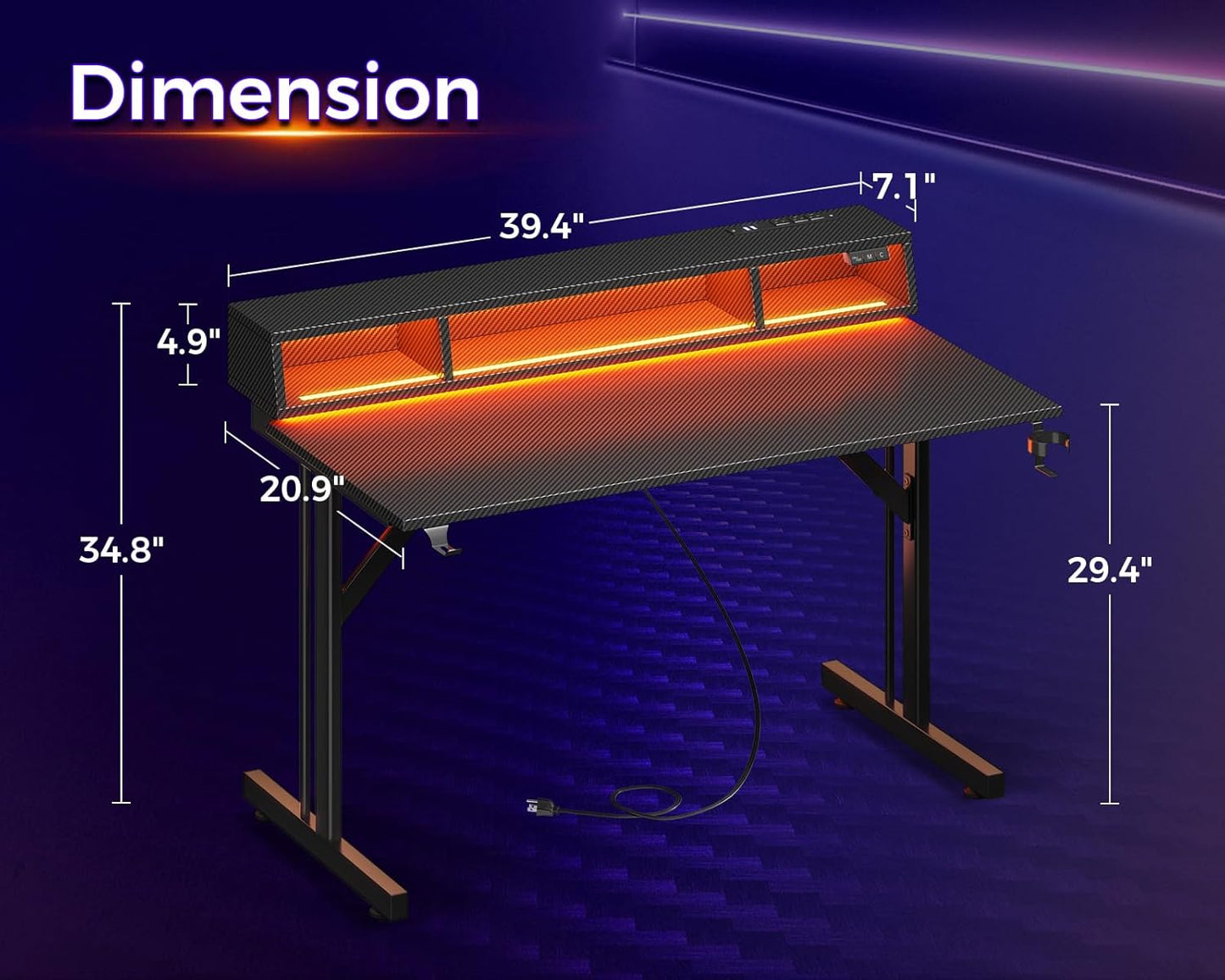 40 Inch Gaming Desk with LED Lights & Power Outlets, Small Computer Gaming Table with Float Monitor Stand, Kids Boys Desk with Carbon Fiber Texture