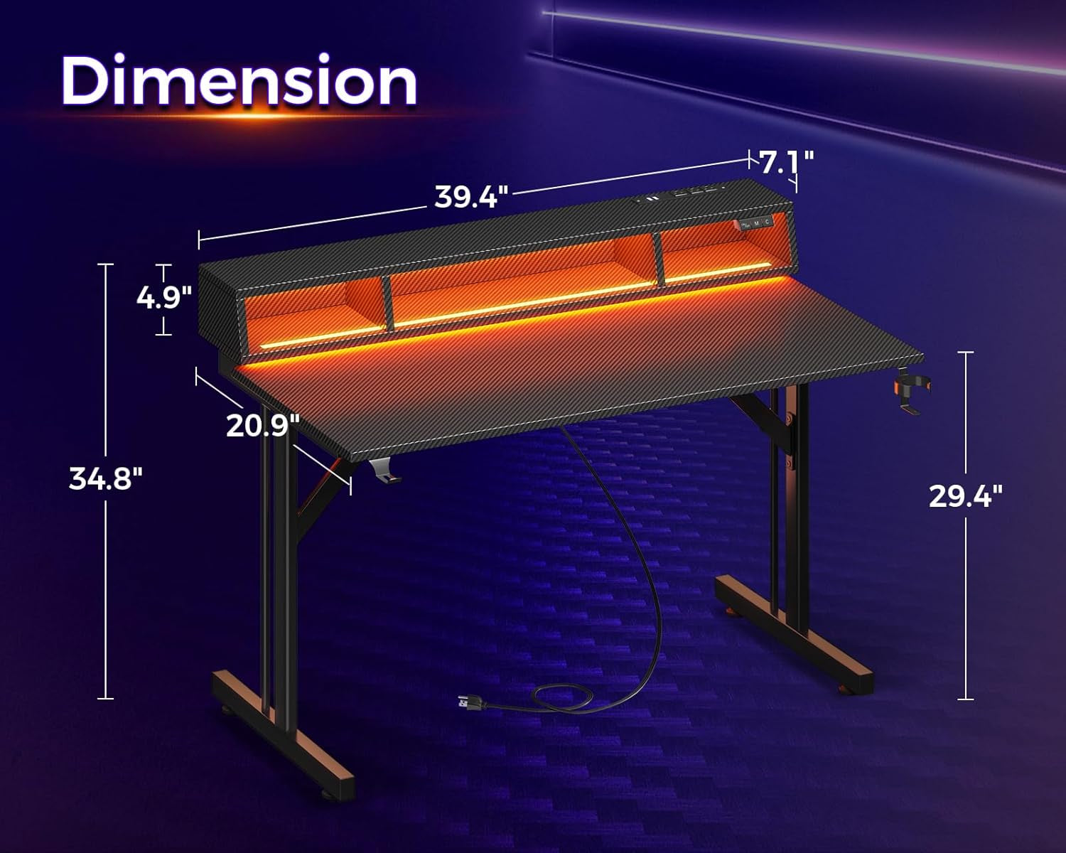 40 Inch Gaming Desk with LED Lights & Power Outlets, Small Computer Gaming Table with Float Monitor Stand, Kids Boys Desk with Carbon Fiber Texture