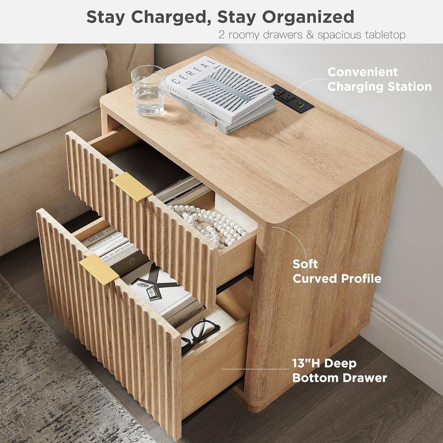 23'' Fluted Nightstand with Charging Station, Large 2 Drawer Bedside Table, Modern End Table with Storage, Mid Century Night Stand for Bedroom, Living Room, Curved Profile, Natural Oak