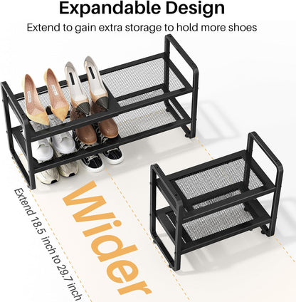 Shoe Rack - Expandable Shoe Organizer for Closet, Adjustable Metal Shoe Shelf Storage, Stackable Long Shoe Stand Holder for Garage, Entryway, Door Entrance (Black, 2-Tier)