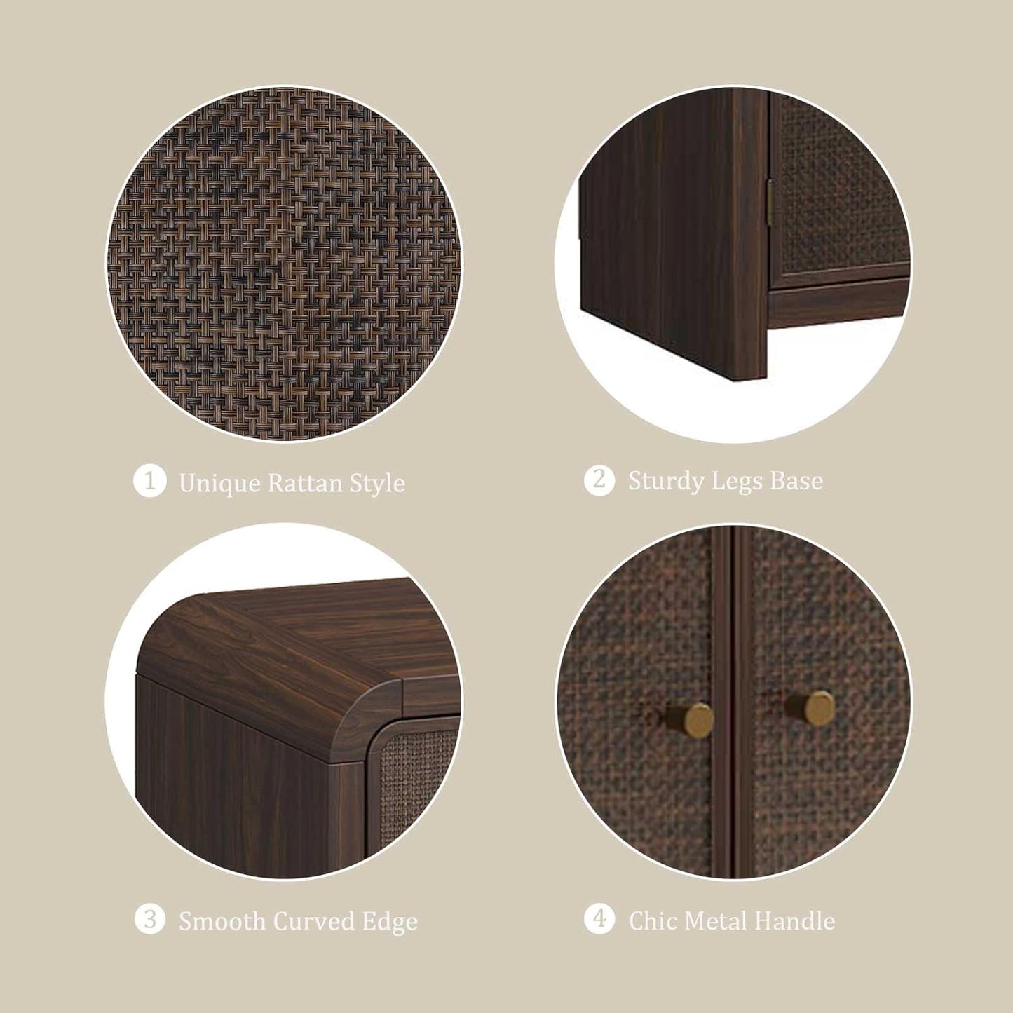 Oak Sideboard Buffet Cabinet with Storage, 60'' Boho Buffets & Sideboards with Adjustable Shelves, Rattan Sideboard Cabinet with 4 Doors for Living Room, Hallway & Kitchen