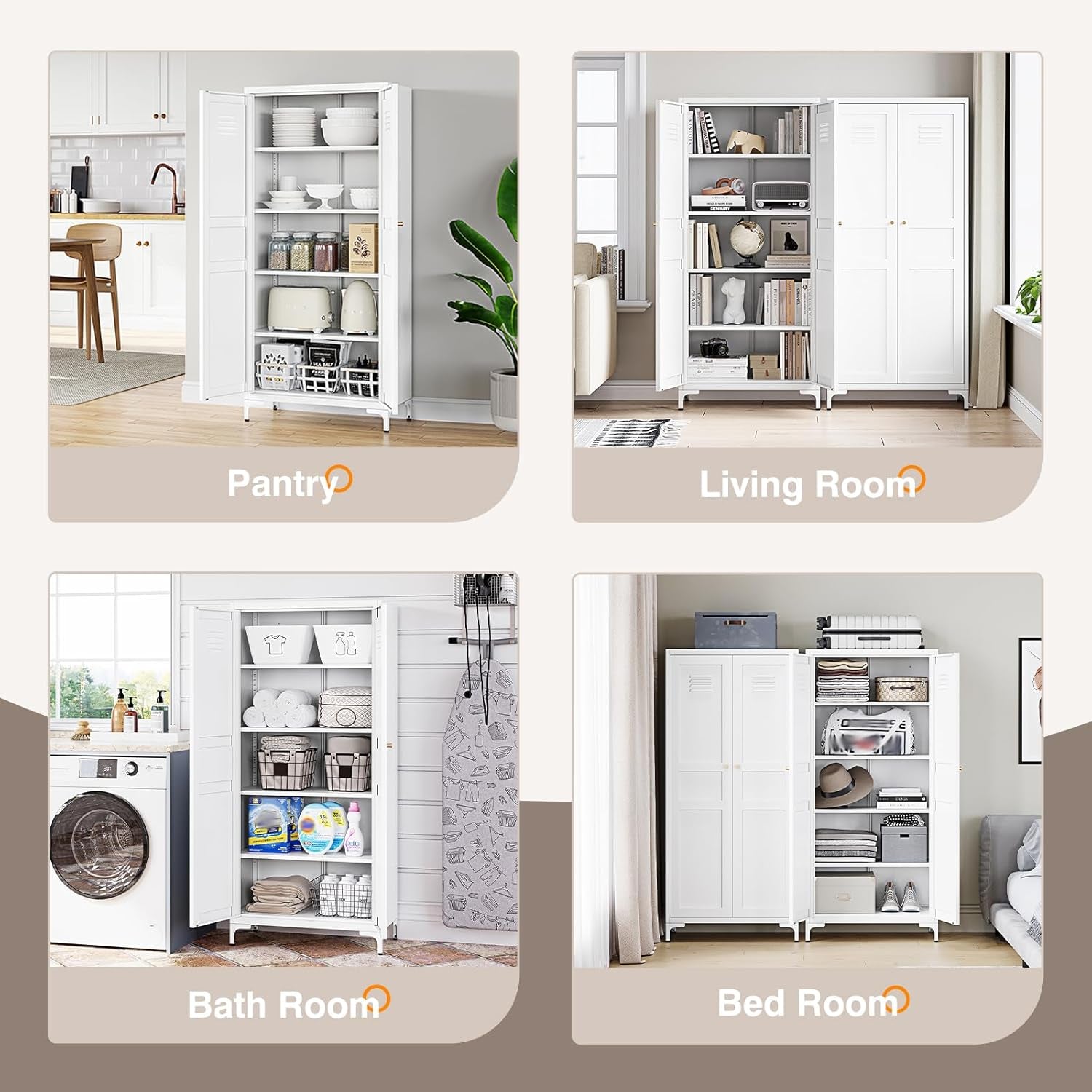 Metal Storage Cabinet with 2 Doors and 4 Adjustable Shelves - 61" White Kitchen Pantry Storage 5-Tier Tall Steel Cabinets Locker for Kitchen, Living Room, Dining Room