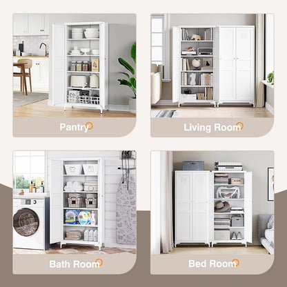 Metal Storage Cabinet with 2 Doors and 4 Adjustable Shelves - 61" White Kitchen Pantry Storage 5-Tier Tall Steel Cabinets Locker for Kitchen, Living Room, Dining Room