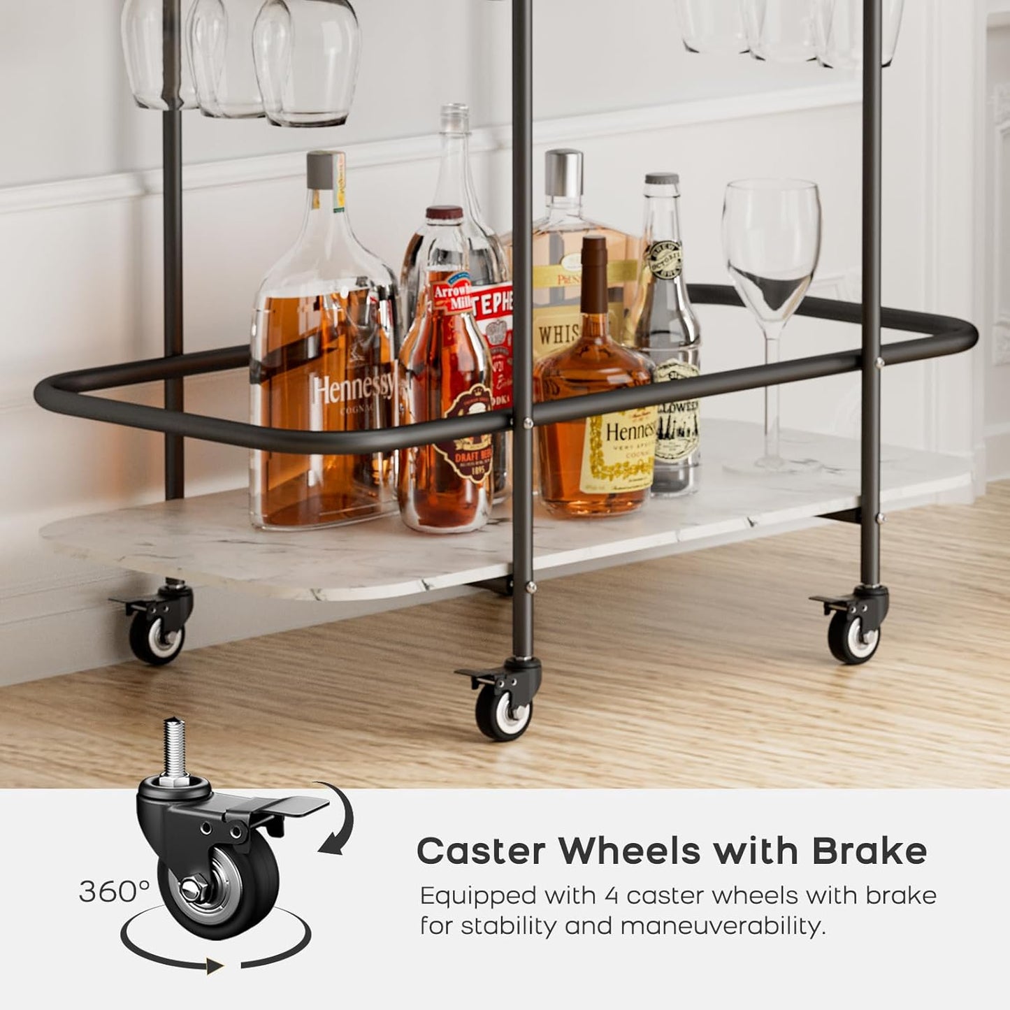 Black Home Bar Cart on Wheels, Mobile Serving Wine Cart with Glass Holder and Wine Rack, Modern Rolling Drink Trolley for Coffee Tea Wine, Beverage Bar Cart for Dinning Room Kitchen Party Black