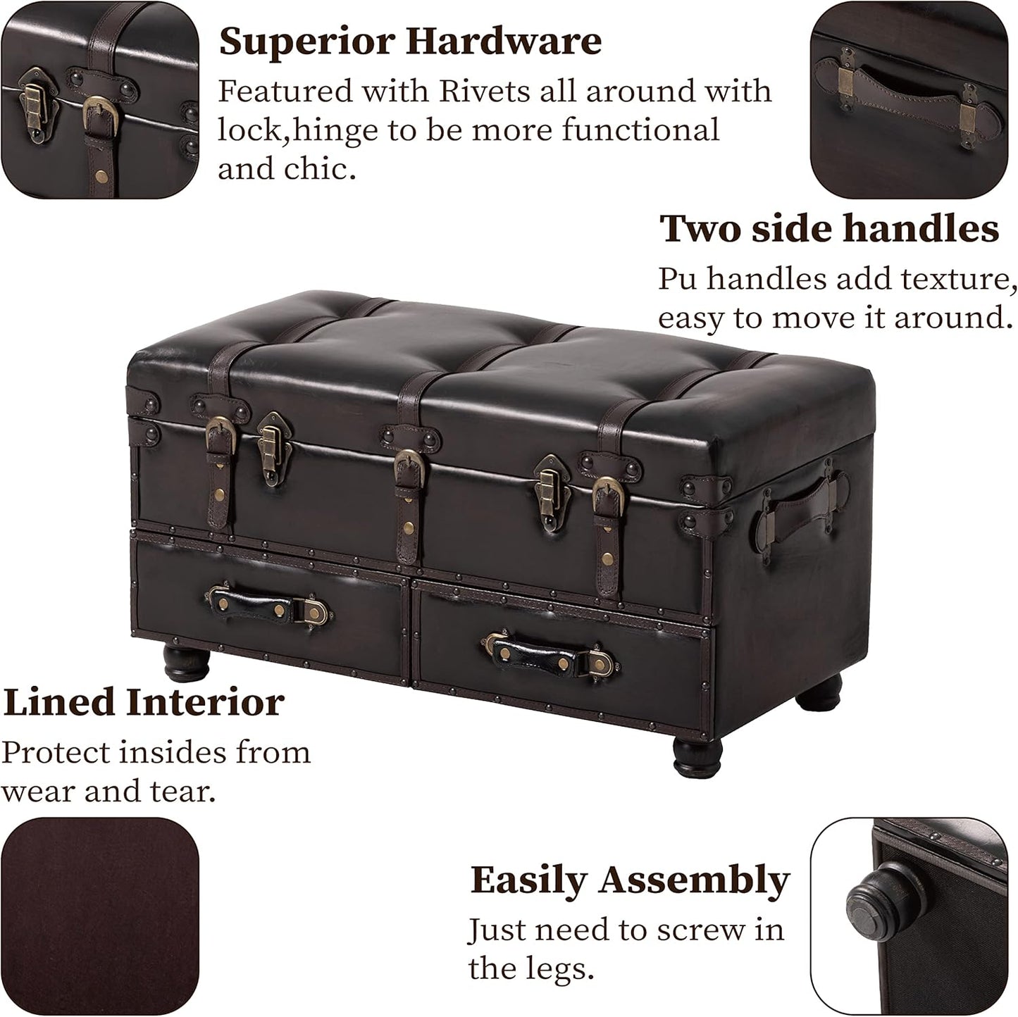 Vintage Treasure Chest Bench with Latch Closure and Buckle Trunk, Farmhouse Faux Leather Storage Ottoman Bench for Living Room, Entryway, Bedroom, Sponge Padded ，Black Brown