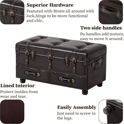 Vintage Treasure Chest Bench with Latch Closure and Buckle Trunk, Farmhouse Faux Leather Storage Ottoman Bench for Living Room, Entryway, Bedroom, Sponge Padded ，Black Brown