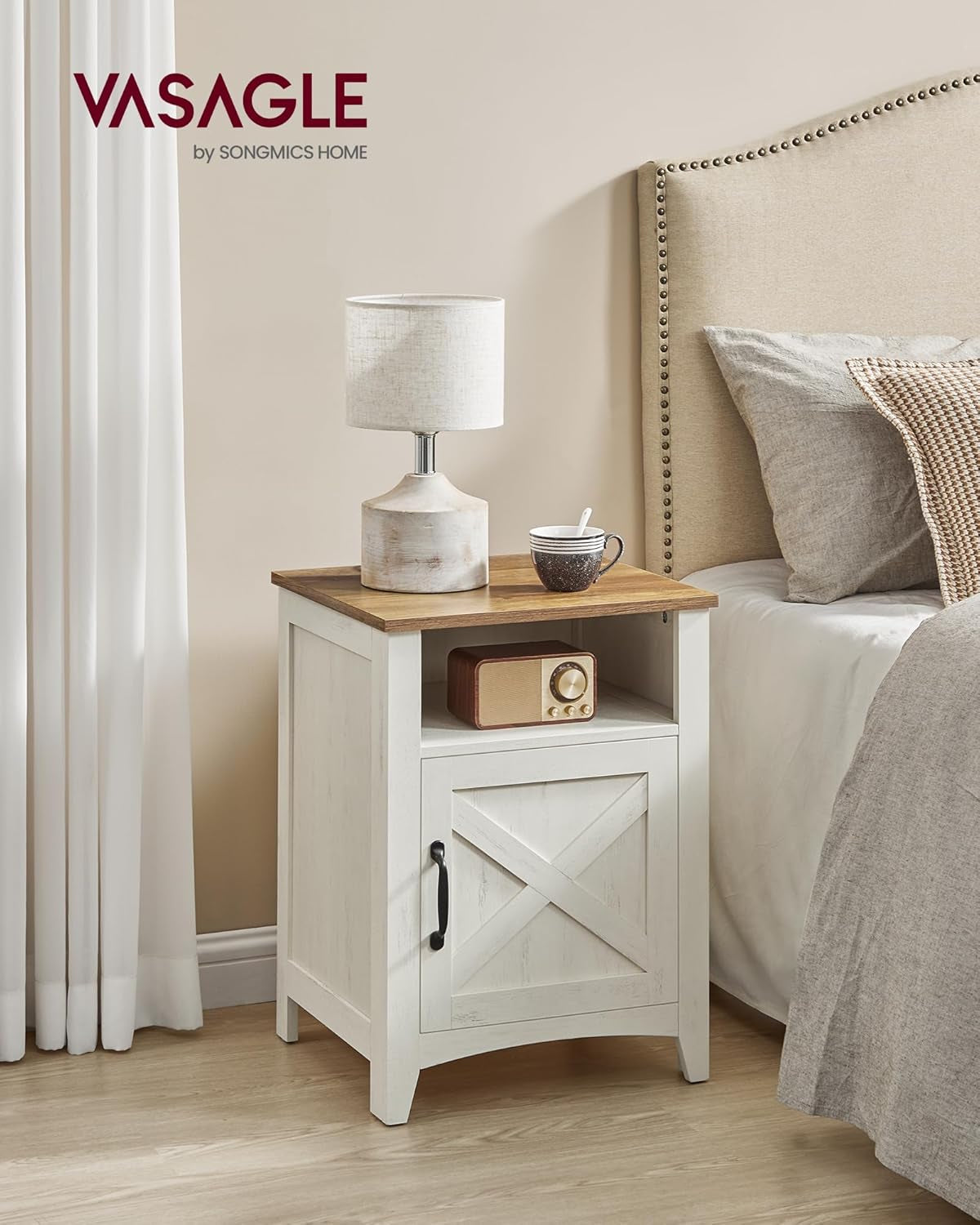 LIRY Collection - Farmhouse Nightstand with Barn Door, Bedside Table with Storage, Side End Table, Night Stand, Open Compartment, for Bedroom, Misty Gray ULET609G68