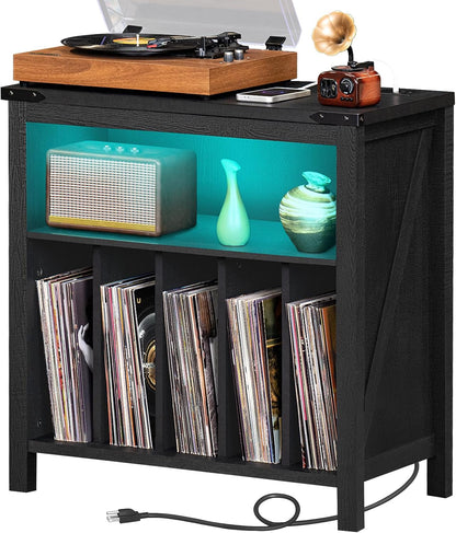Large Record Player Stand with Charging Station & LED Lights, Black Vinyl Record Storage Holder Holds up to 230 Albums, Turntable Stand with Display Shelf for Music Room Bedroom Living Room.