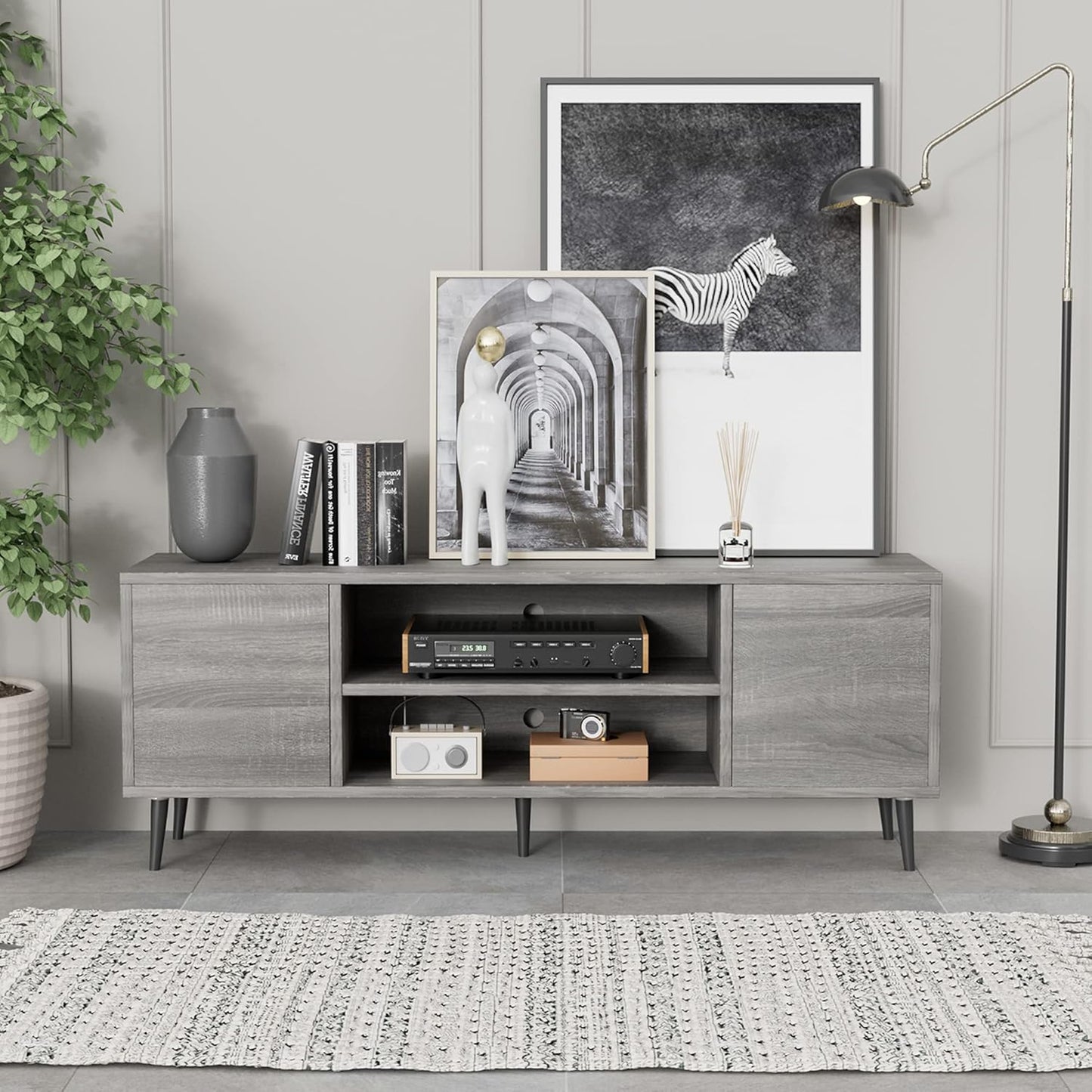 TV Stand for 65 Inch TV, Mid Century Modern TV Stand, Entertainment Center with Storage Cabinet and Open Shelves, TV Console Table Media Cabinet for Living Room, and Bedroom (Gray)