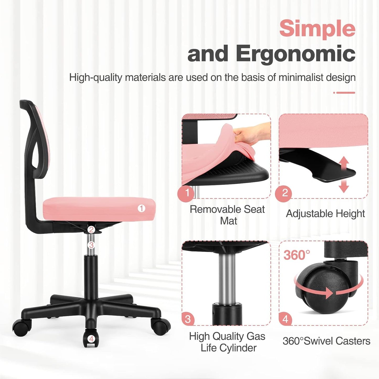 Office Computer Desk Chair, Ergonomic Low-Back Mesh Rolling Work Swivel Chairs with Wheels, Armless Comfortable Seat Lumbar Support for Home, Bedroom, Study, Student, Adults, Pink