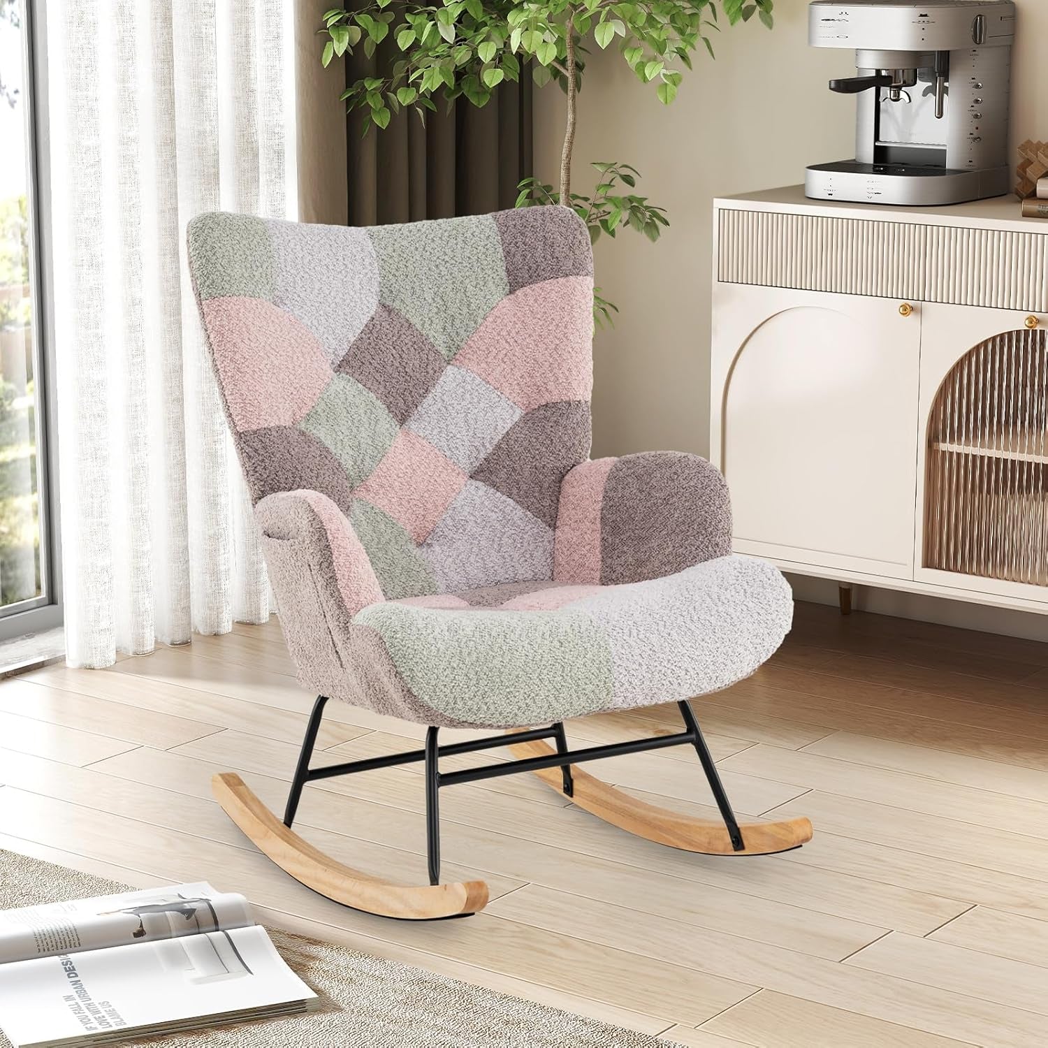 Rocking Chair Nursery, Boucle Upholstered Glider Rocker W/Ergonomic High Backrest, Rubber Wood Legs & Side Pocket, Patchwork Modern Accent Chair for Bedroom, Living Room, Offices