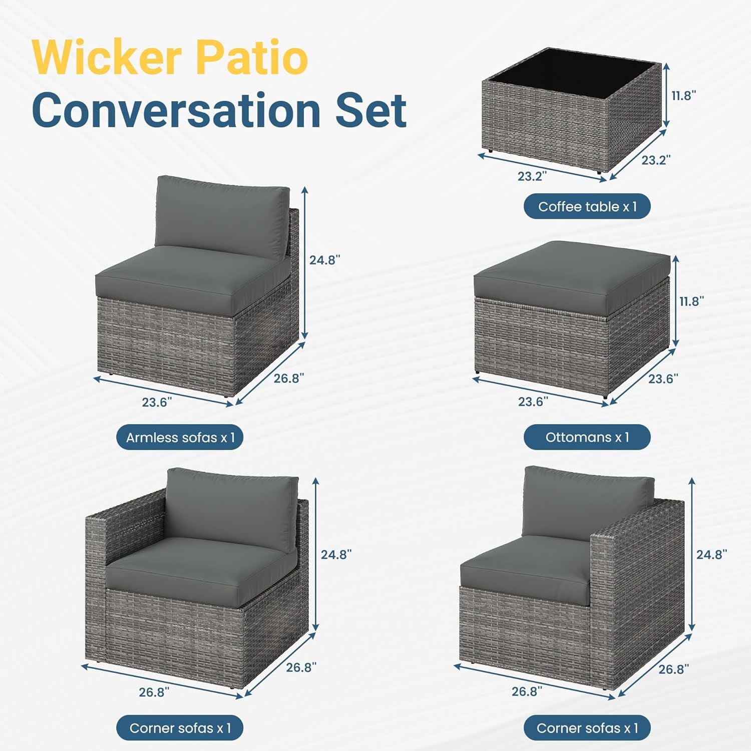 5-Pieces Outdoor Patio Furniture Set, All Weather Wicker Rattan Sectional Sofa, Patio Conversation Set with Cushions & Glass Coffee Table for Backyard Porch Garden Balcony, Grey
