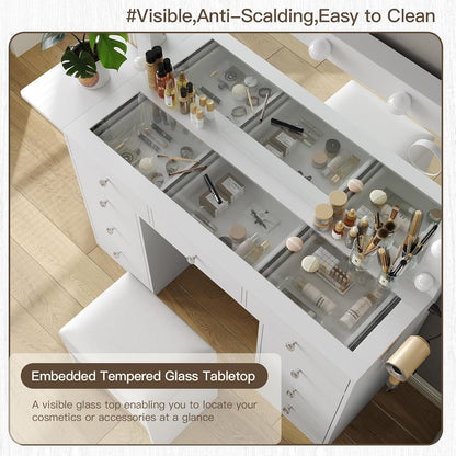 Makeup vanity desk with mirror, twelve LED lights, nine drawers and power outlet, view 4