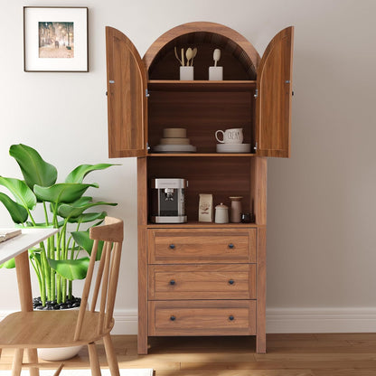 71" Tall Arched Kitchen Pantry Cabinet with Microwave Shelf,Modern Farmhouse Hutch Cabinet with Drawers & Door,Arched Storage Sideboard Cabinets (Walnut, 13.78" D X 27.56" W X 70.87" H)