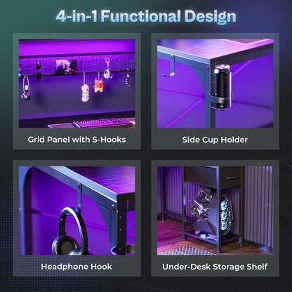 L Shaped Gaming Desk with Shelves, Corner Computer Table with LED Lights, Power Outlets and USB-C Ports, 42 Inch Reversible Home Office Desk with Storage Drawer, for Work and Study, Black