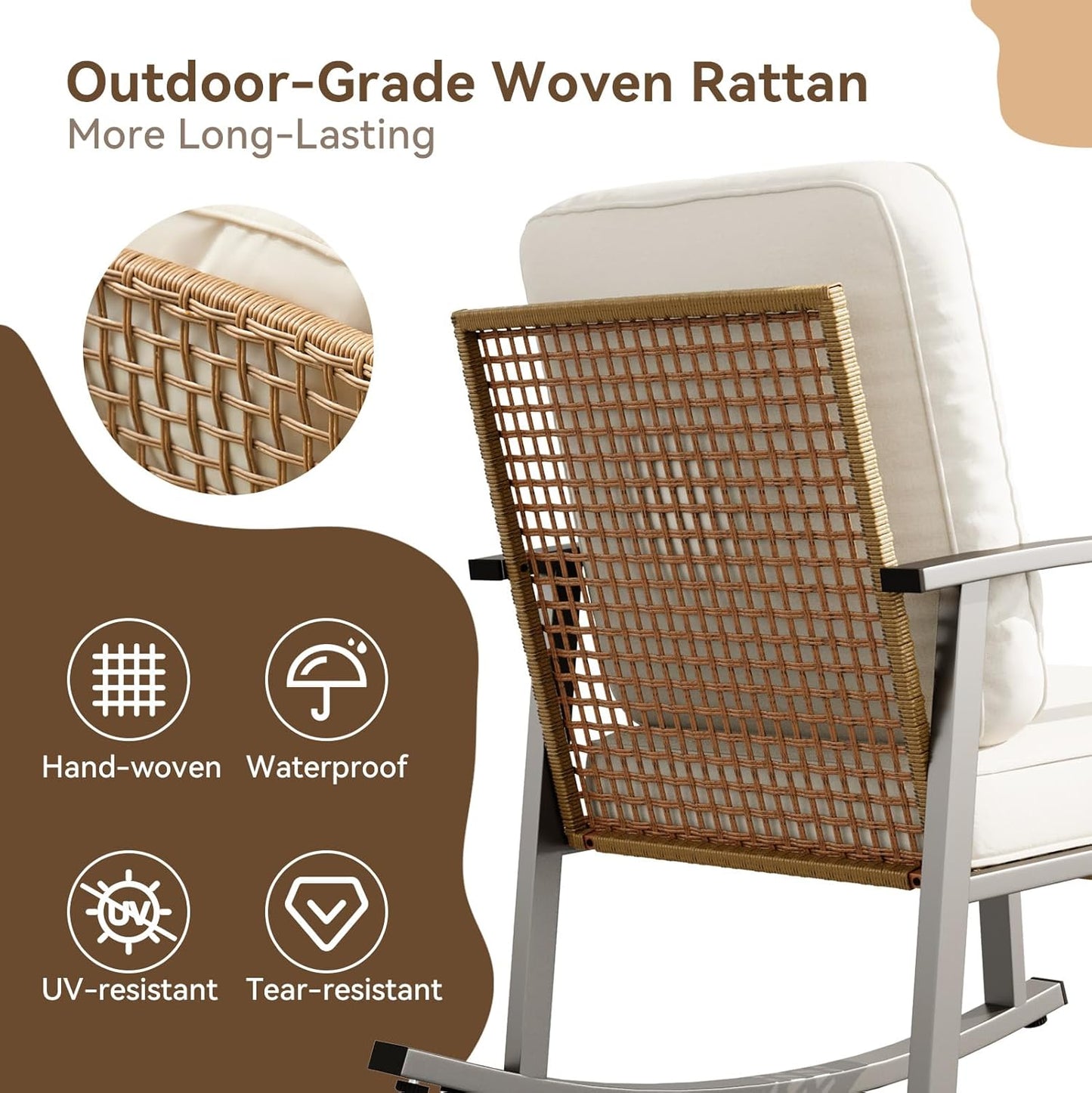 3-Piece Outdoor Rocking Bistro Set, Patio Furniture Set with Coffee Table and Thick Cushions, Wicker Rocking Chairs Set of 2 for Garden, Balcony, Backyard, Poolside (Beige)
