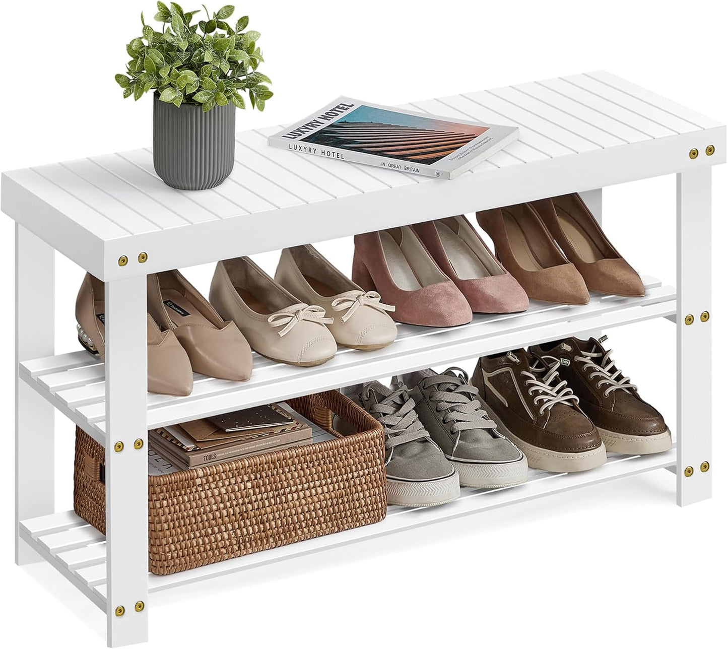 Shoe Rack Bench, 3-Tier Bamboo Shoe Storage Organizer, Entryway Bench, Holds up to 286 Lb, 11.3 X 27.6 X 17.8 Inches, for Entryway Bathroom Bedroom, Ink Black ULBS04H