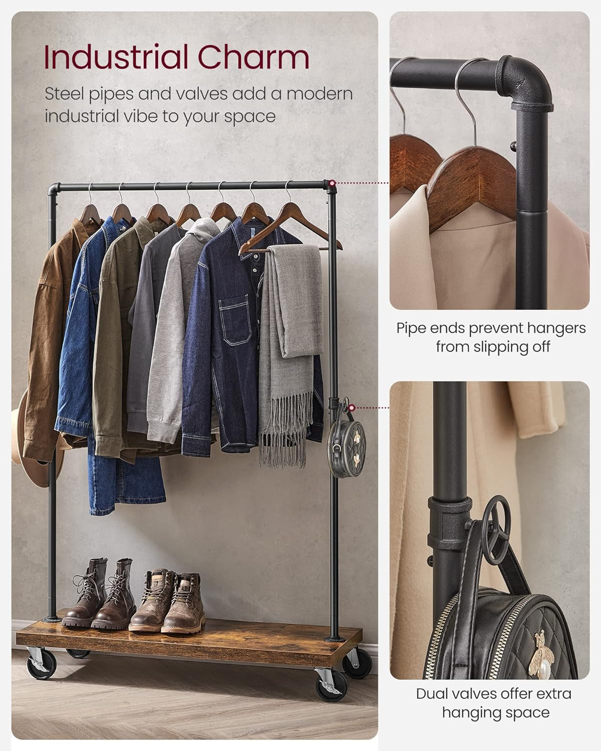 Clothes Rack, Heavy Duty Clothing Rack, Industrial Pipe Style Rolling Garment Rack with Shelf, for Bedroom, Laundry Room, Retail Store, Rustic Brown and Black UHSR65BX