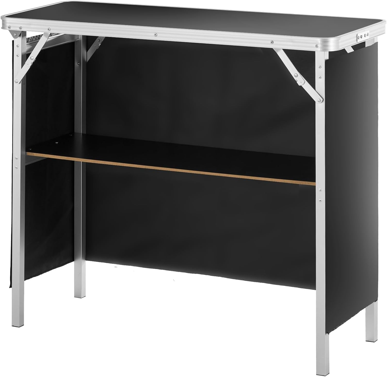 Folding Portable Bar Table, Tradeshow Podium Table for Indoor, Outdoor, Party, Picnic, Exhibition, Includes Carrying Case, Storage Shelf and Black Skirt, 38.39" X 15.16" X 34.25"