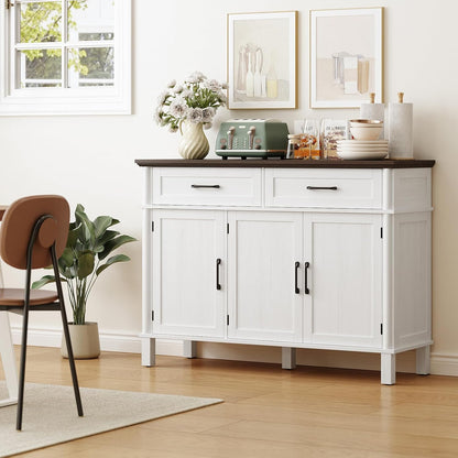 48 Inches Buffet Cabinet with Storage, Farmhouse Sideboard Buffet W/2 Drawers and 3 Doors, Wood Coffee Bar Cabinet with Adjustable Shelves, Sideboard Storage for Kitchen, Living Room, off White
