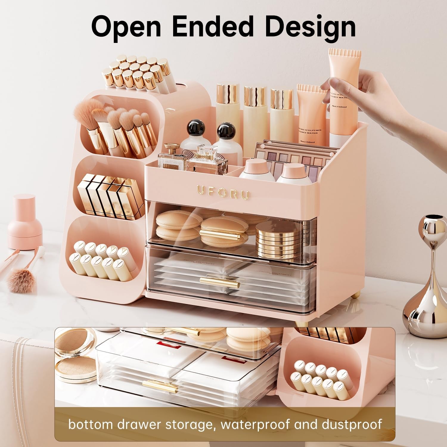 Makeup Organizer for Vanity with Brush Holder, Countertop Organizer with 2 Drawers, Spacious Cosmetic Display Case for Beauty Essential, Skincare, Lipstick