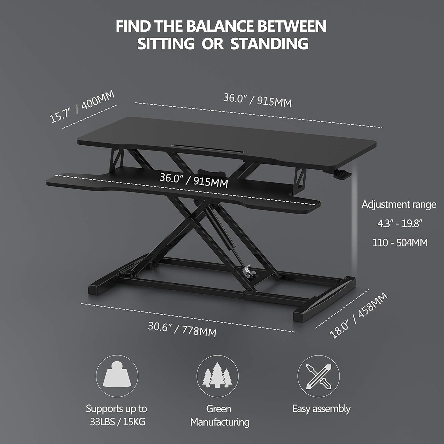 Black sit to stand desk converter for laptops and dual monitors, view 4