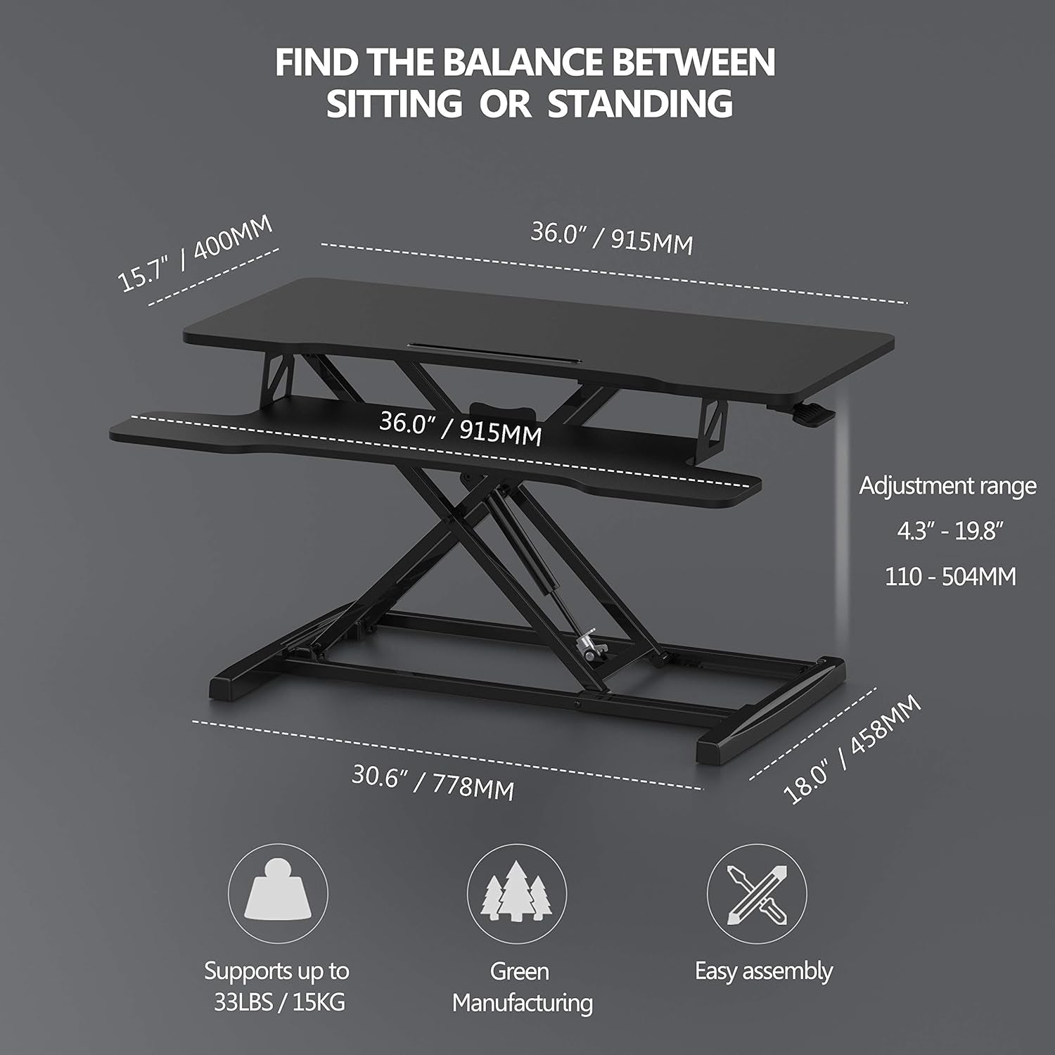 Black sit to stand desk converter for laptops and dual monitors, view 4