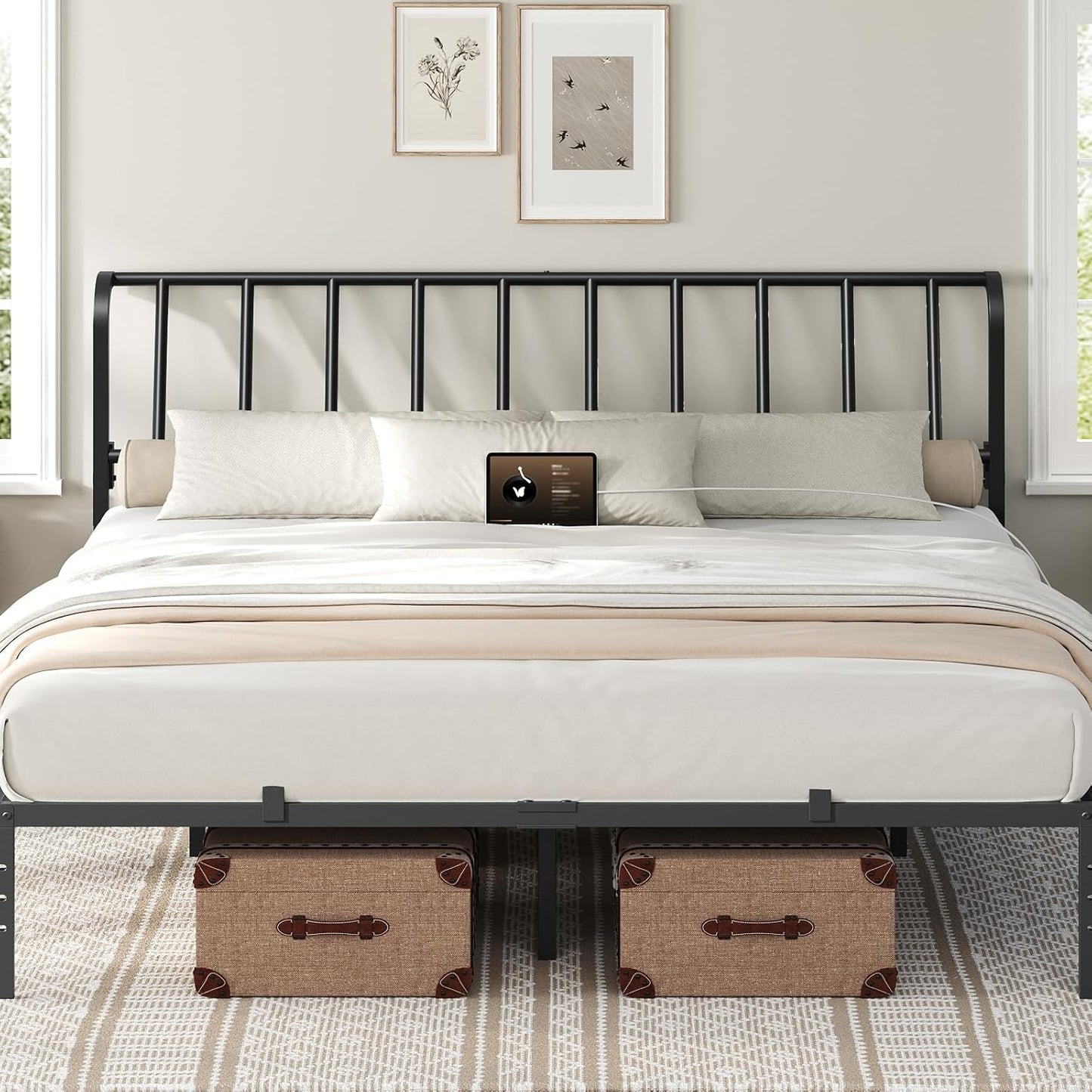 King Size Headboard Only, Metal Headboard with 2 Power Strips, 95 Degrees Reclining Backrest with Bed Frame Adapters, Easy Assembly, Black