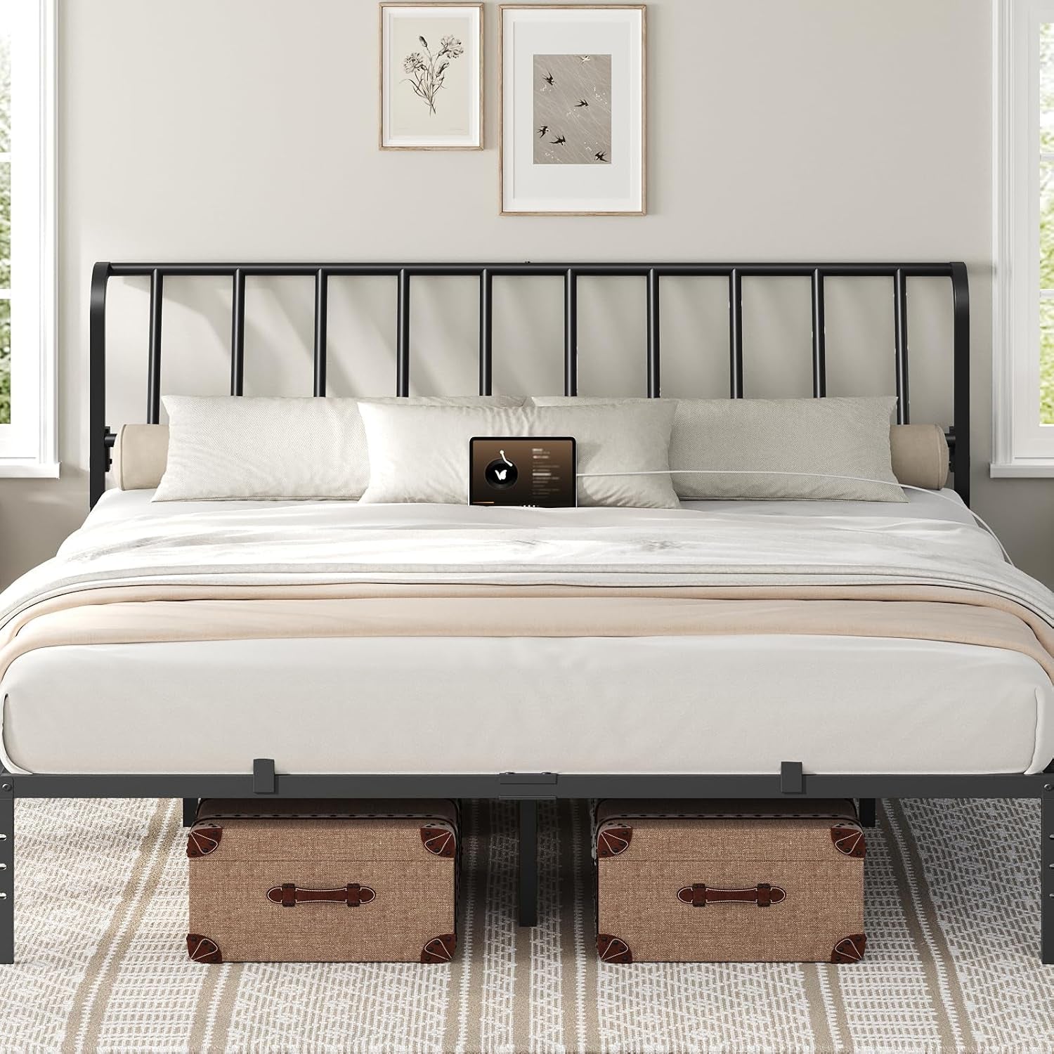 King Size Headboard Only, Metal Headboard with 2 Power Strips, 95 Degrees Reclining Backrest with Bed Frame Adapters, Easy Assembly, Black