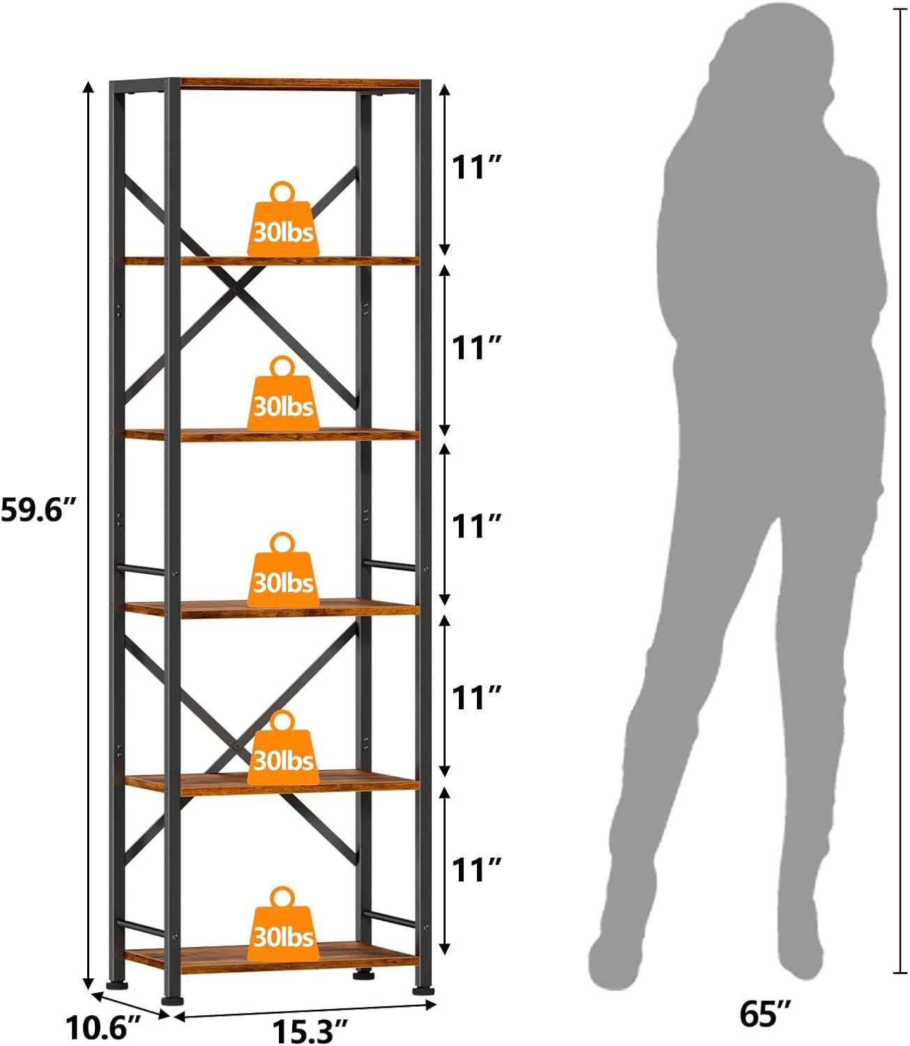 6 Tier Tall Bookshelf, Industrial Narrow Bookcase, Display Standing Shelf Units, Metal and Wood Storage Rack Organizer for Living Room, Home Office, Entryway, Kitchen, Rustic Brown