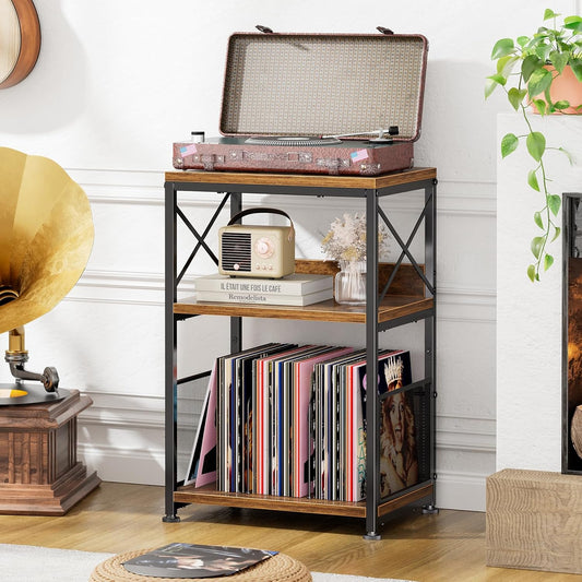 Record Player Stand, Turntable Stand with Storage Hold up to 100 Albums, Vinyl Record End Table for Living Room, Rustic Brown