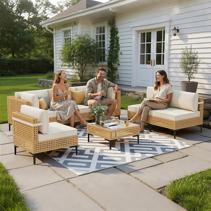 Patio Furniture Set, 110" Large 7-Piece Wicker Outdoor Patio Furniture Sets with Anti-Slip Cushions & Coffee Table,Boho Patio Conversation Set Sectional Sofa for Backyard,Porch,Beige