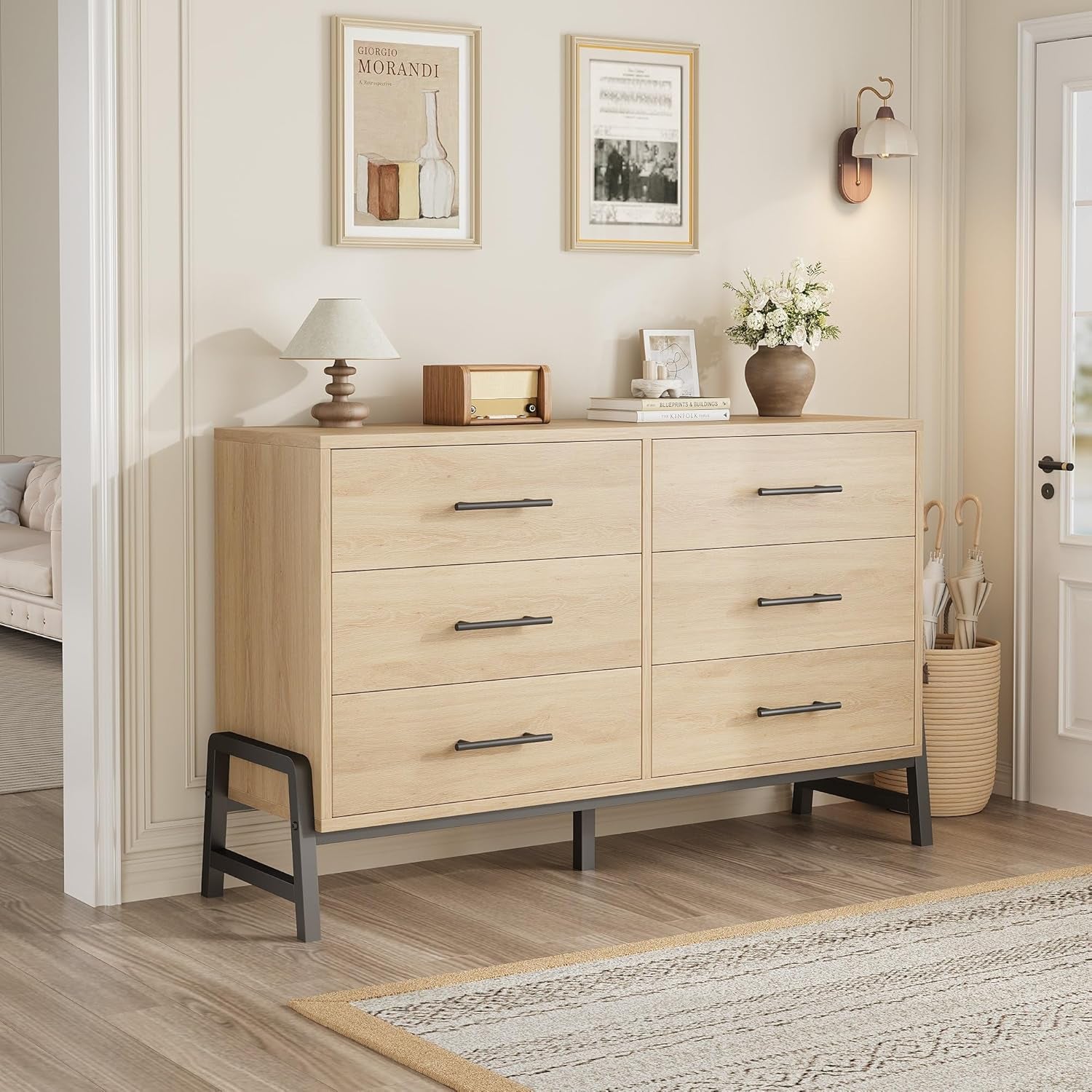 6 Dresser for Bedroom, 52" Wide Drawer with Large Storage Space, Freestanding Wooden Closet Storage Dresser Chest for Living Room, Bedroom, Entryway, Natural Oak
