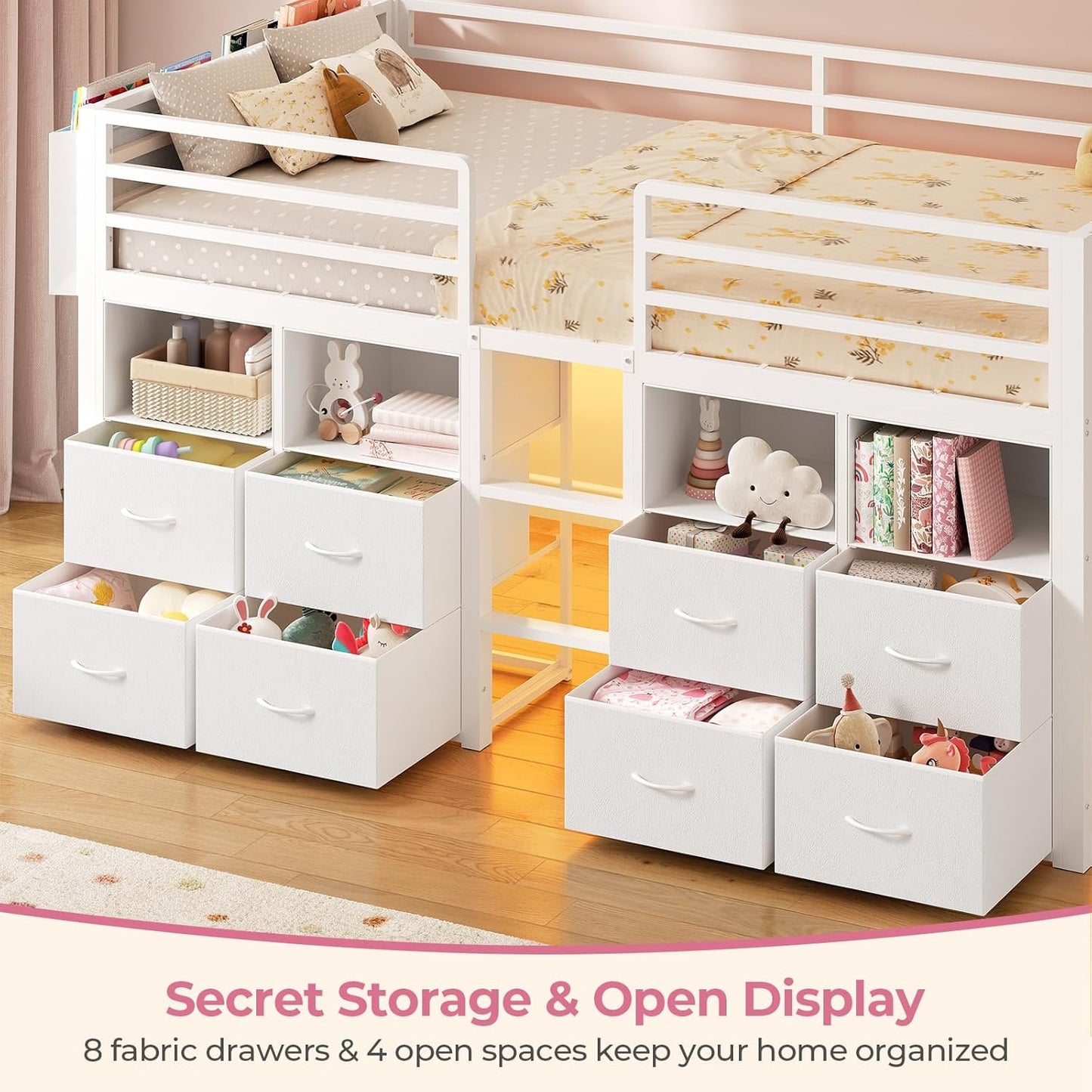 Low Loft Bed Twin Size with 8 Storage Drawers, Twin Loft Bed with Bookcase and LED Lights, Metal Kids Loft Bed with 14" H Safety Guardrail, Under-Bed Play Space, No Box Spring Needed, White