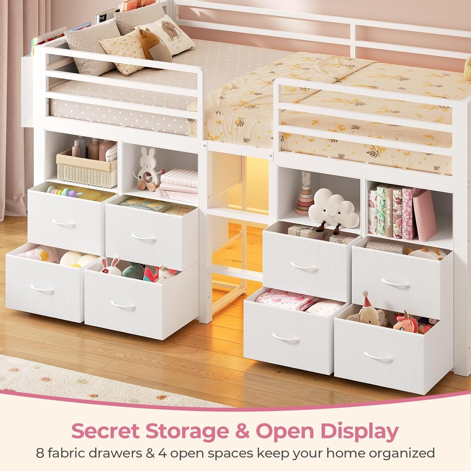 Low Loft Bed Twin Size with 8 Storage Drawers, Twin Loft Bed with Bookcase and LED Lights, Metal Kids Loft Bed with 14" H Safety Guardrail, Under-Bed Play Space, No Box Spring Needed, White