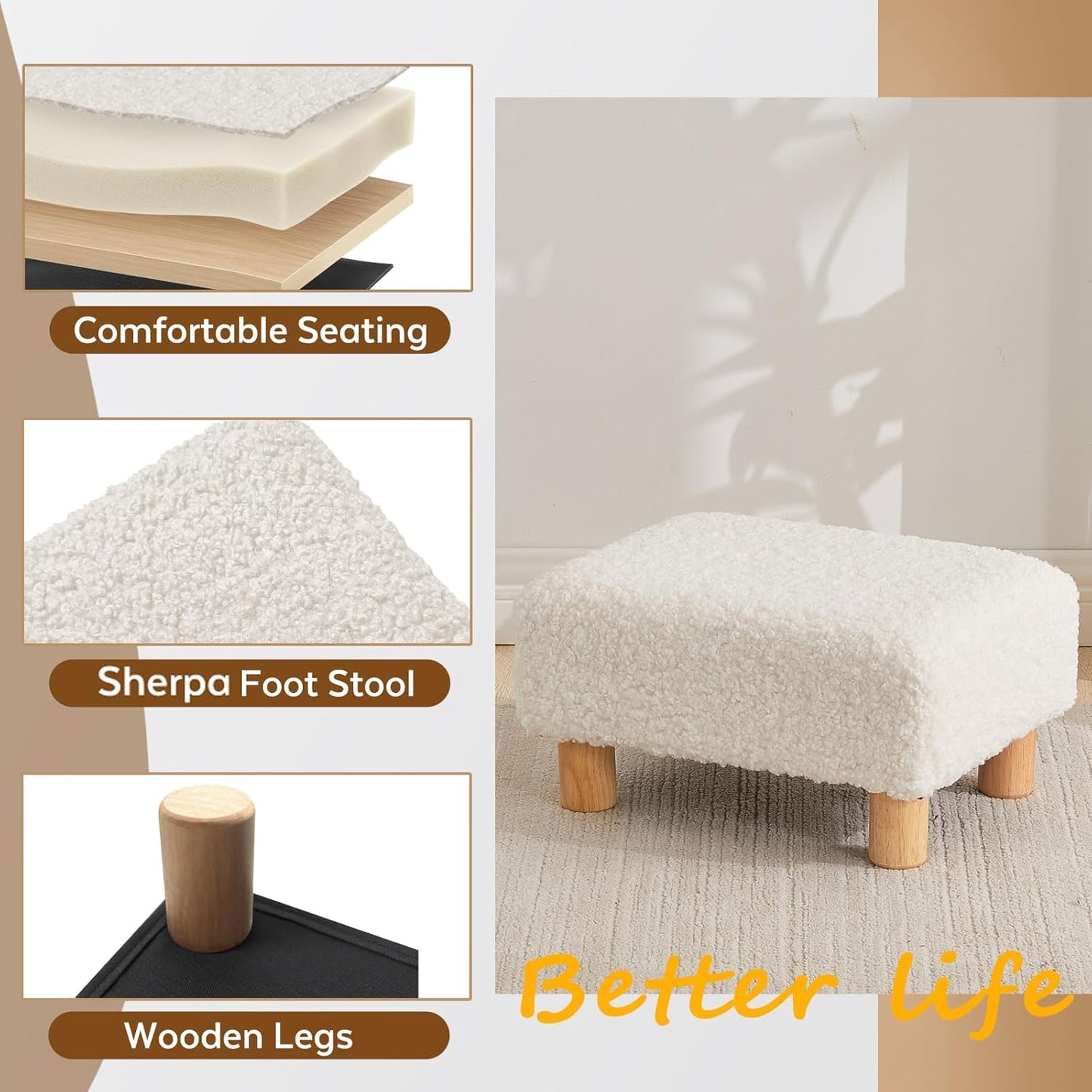 Small Foot Stool Ottoman, Sherpa Footstool Ottoman Foot Rest for Couch, Rectangle Footstools and Ottomans Small for Living Room, Entryway and Bedroom (White)