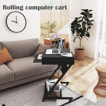 Computer Desk for Small Spaces,23.6" Z-Shaped Compact Study Table with Smooth Keyboard Tray,With Wheels and Bottom Shelves for Home Office，Computer Cart Mobile Laptop Cart